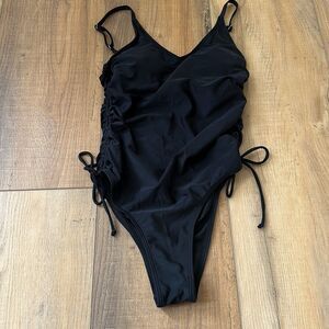 NWT Aolro Swimsuit One Piece Womens Small Black Ruched Scoop Neck Drawstring